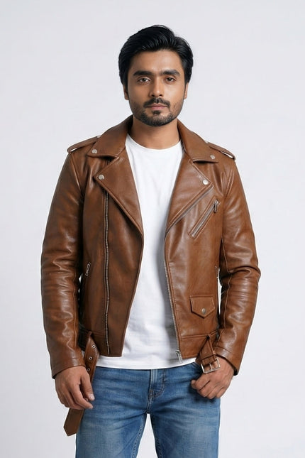 Man wearing a brown leather jacket over a white shirt with a plain background