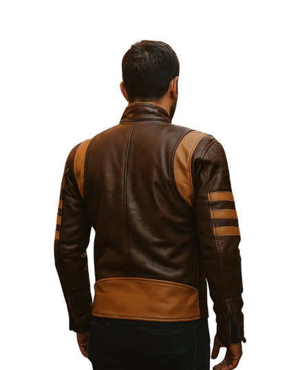 Brown leather jacket with striped arm panels on a white background