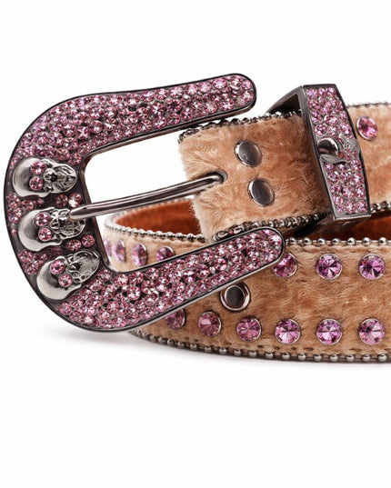 Belt with pink rhinestone buckle and fur texture on a white background