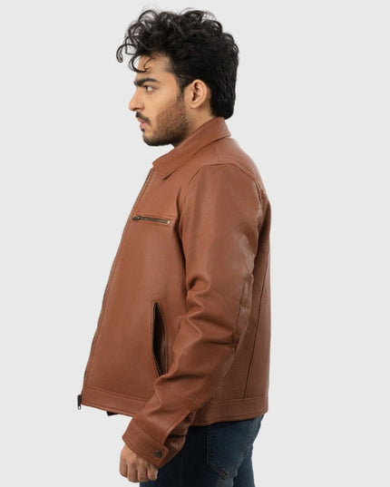 Man wearing a brown leather jacket on a white background