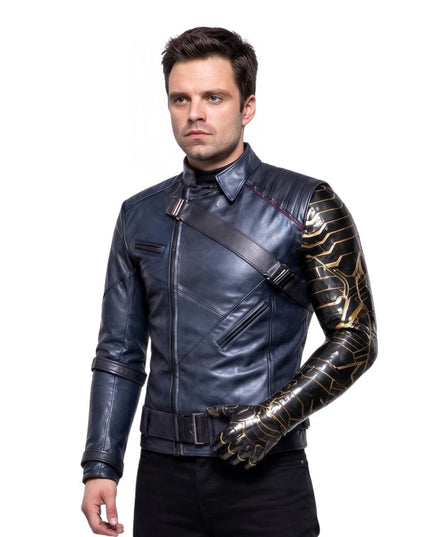 Person wearing a detailed leather jacket with armor plating on a white background