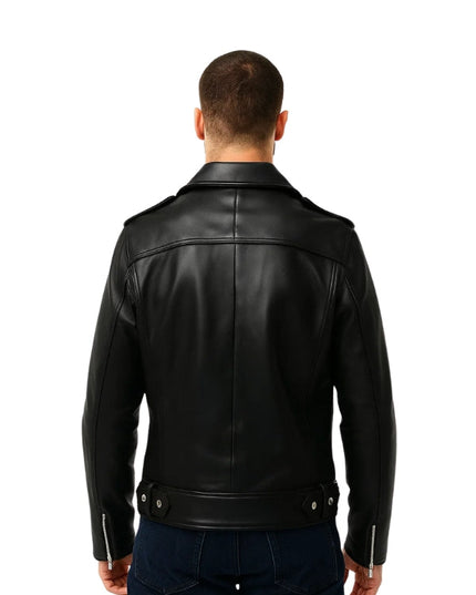 Man wearing a black leather jacket on a white background