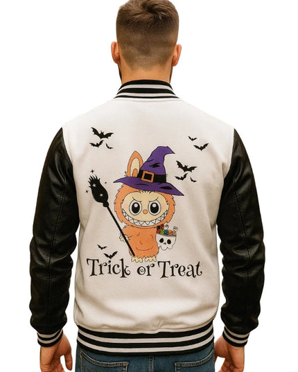 Person wearing a Halloween-themed letterman jacket with cartoon character and text.