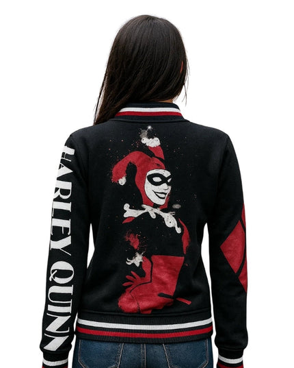 Black jacket with Harley Quinn design and 'Harley Quinn' text on sleeves, worn by a person.