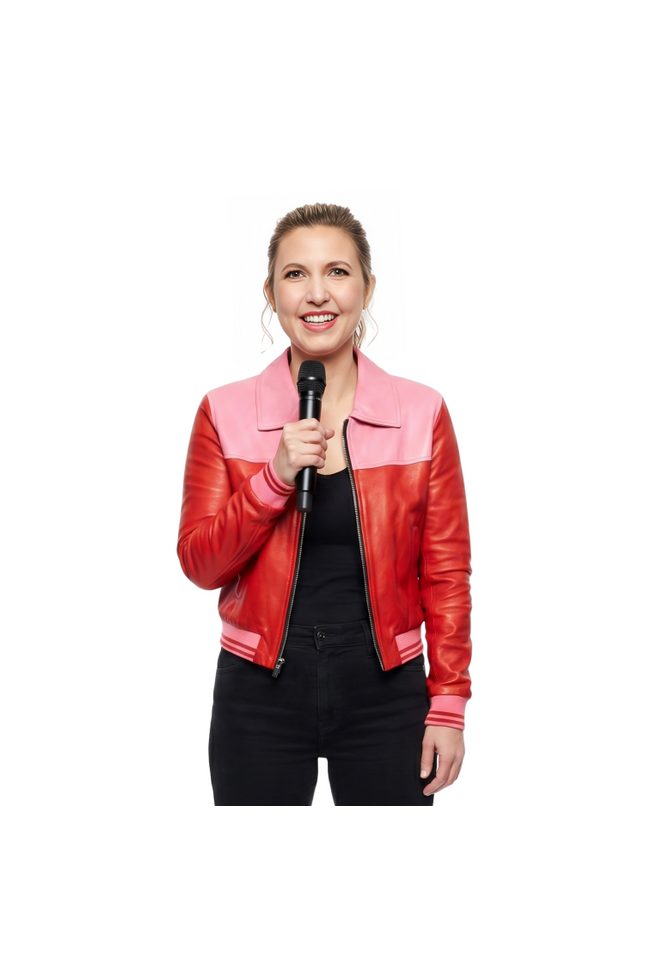 Buy The Taylor Tomlinson After Midnight Pink and Red Leather Jacket