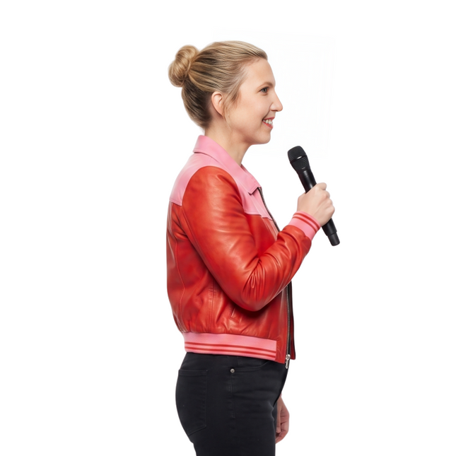 Buy The Taylor Tomlinson After Midnight Pink and Red Leather Jacket Today