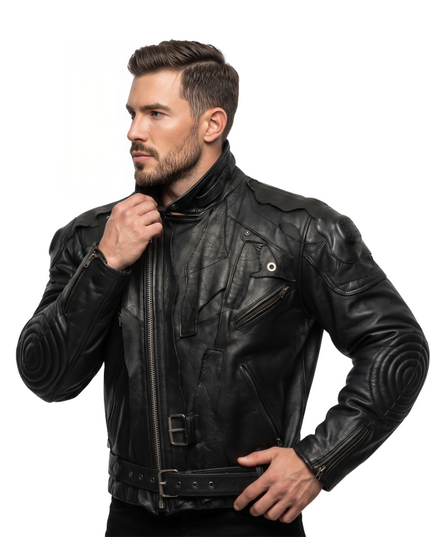 Buy The Urban Techwear Style Black Leather Biker Jacket