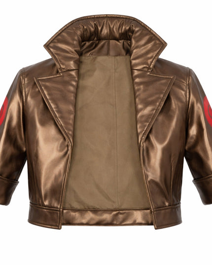 Bronze-colored jacket with red accents on a white background