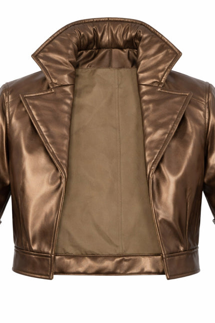 Bronze-colored jacket with red accents on a white background