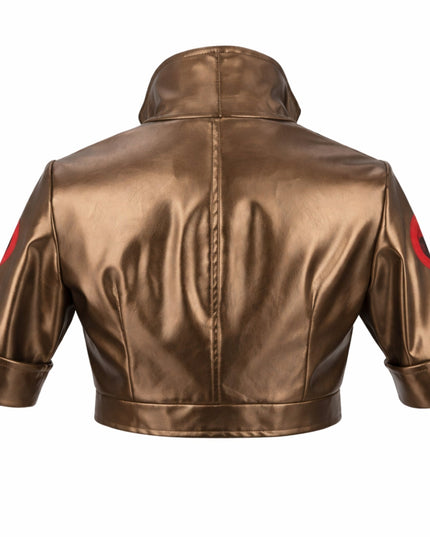 Brown leather jacket with red accents on a white background