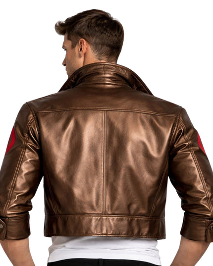 Man wearing a brown leather jacket on a white background