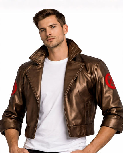 Man wearing a brown leather jacket with red patches on a white background
