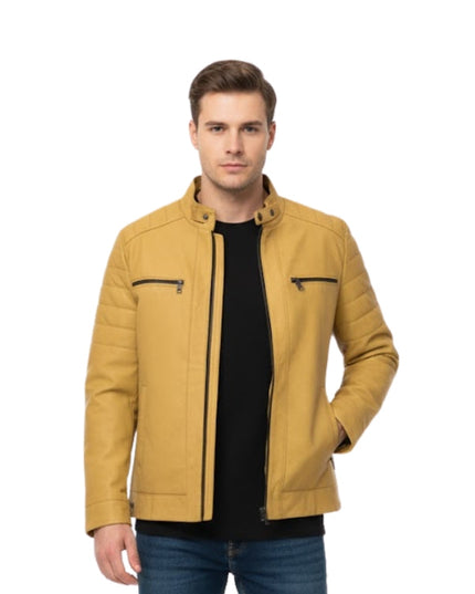 Man wearing a mustard yellow jacket on a white background