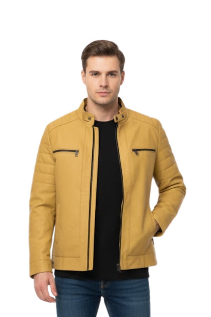 Man wearing a mustard yellow jacket on a white background