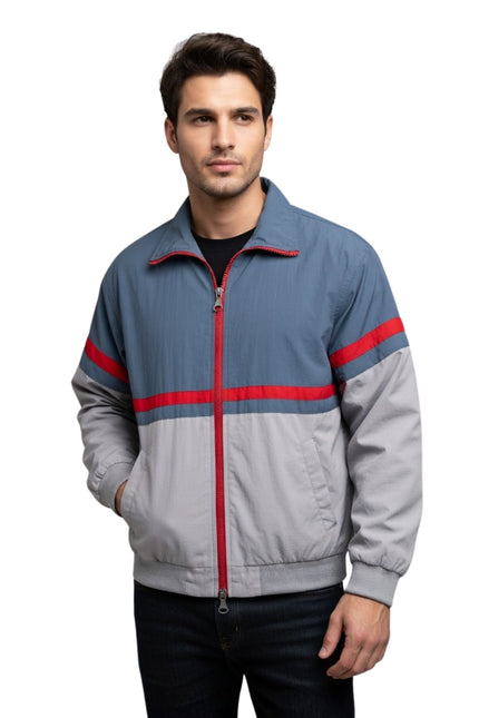 Man wearing a gray jacket with red stripes on a white background