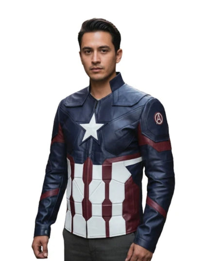 Person wearing a Captain America-themed jacket on a white background