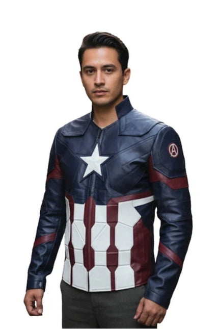 Person wearing a Captain America-themed jacket on a white background