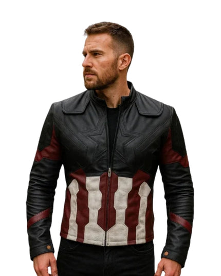 Man wearing a black leather jacket with red and white design on a white background
