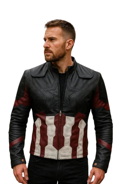 Man wearing a black leather jacket with red and white design on a white background