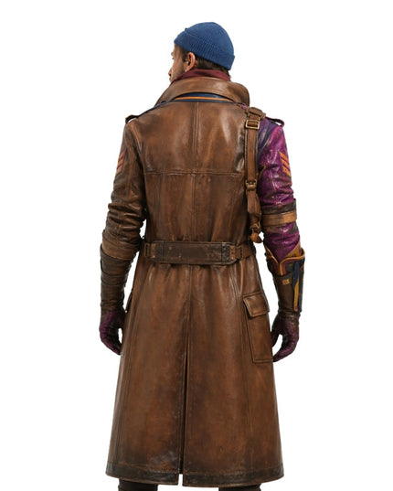 Person wearing a brown leather coat with a white background