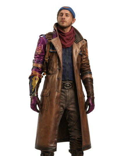 Person wearing a long brown leather coat with colorful accents on a white background