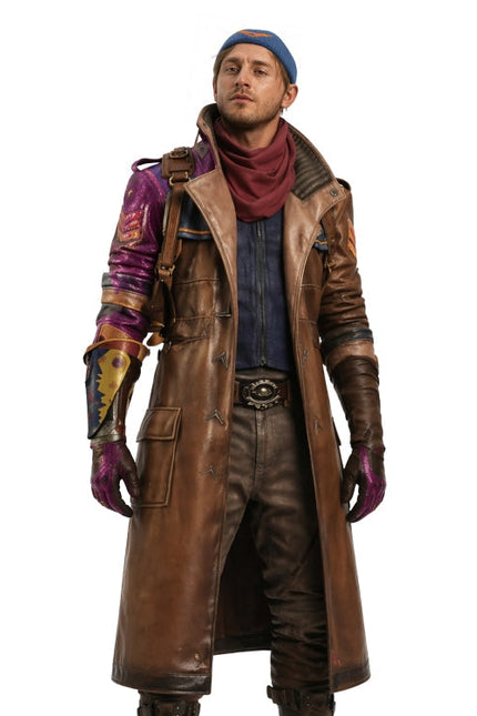 Person wearing a long brown leather coat with colorful accents on a white background