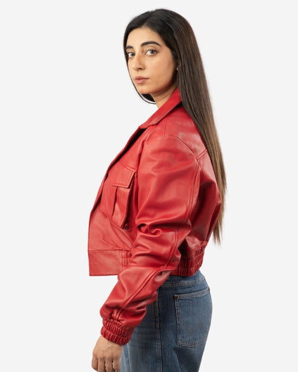 Women's Red Leather Cargo Bomber Jacket - Button-Down Style