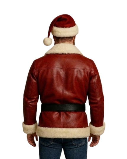 Red leather jacket with white fur trim and Santa hat on a white background