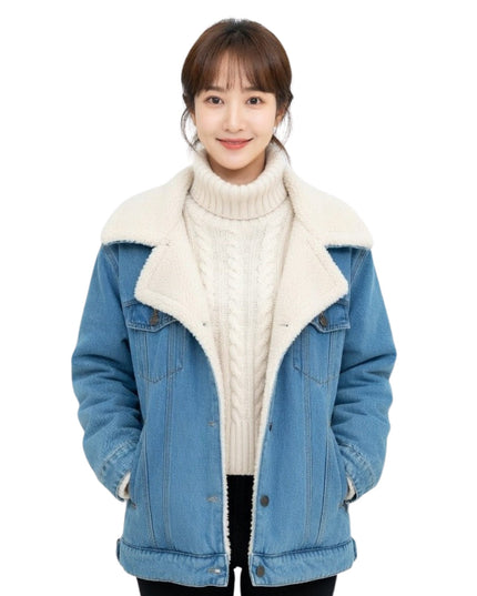 Person wearing a blue denim jacket with white fur lining on a white background