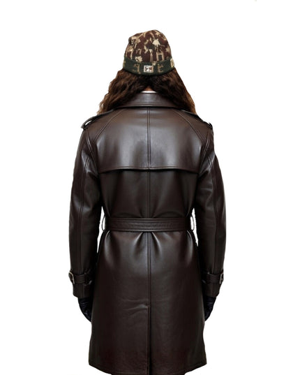 Brown leather trench coat with a patterned hat on a white background