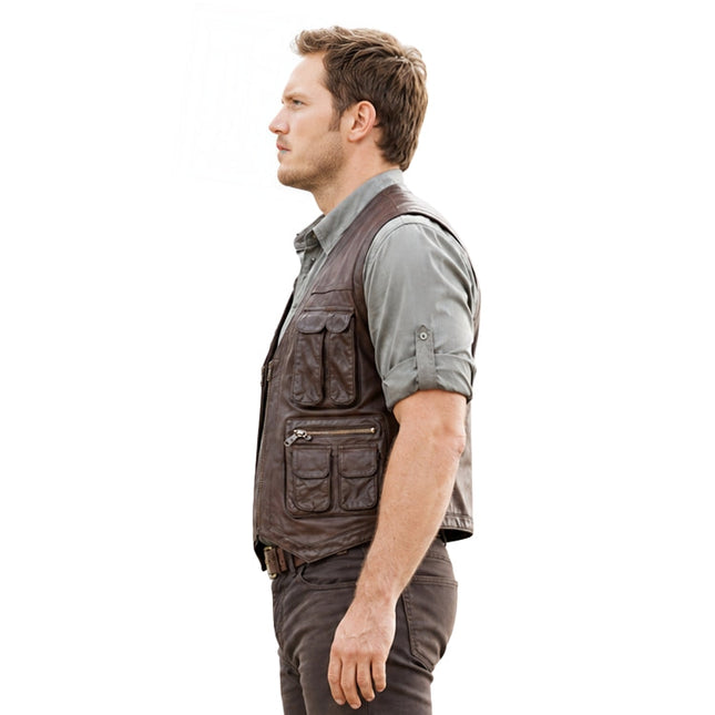 Man wearing a brown leather vest on a white background