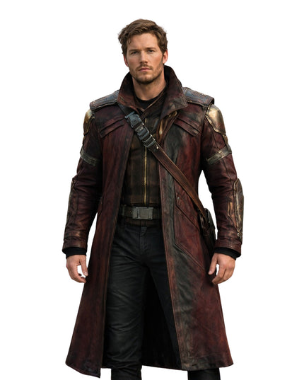 Person wearing a detailed coat with a white background