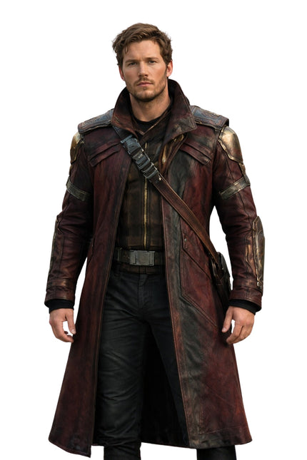 Person wearing a detailed coat with a white background