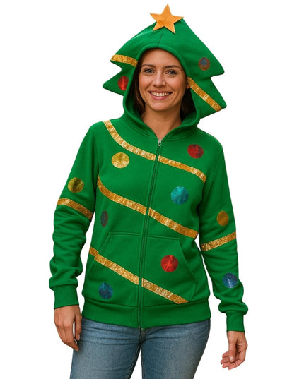 Person wearing a green Christmas tree-themed hoodie on a white background