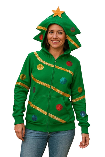 Person wearing a green Christmas tree-themed hoodie on a white background