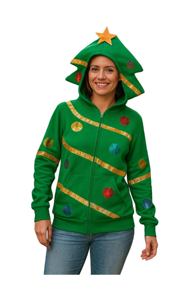 Person wearing a green Christmas tree-themed hoodie on a white background