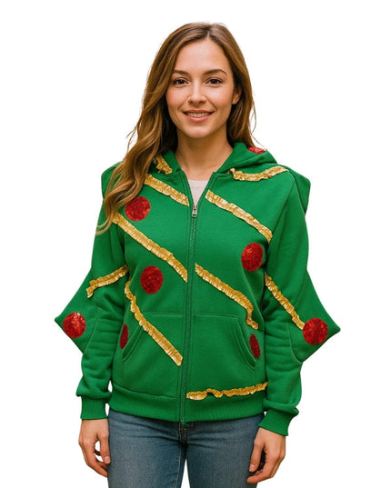 Woman wearing a green hoodie with red and gold accents on a white background