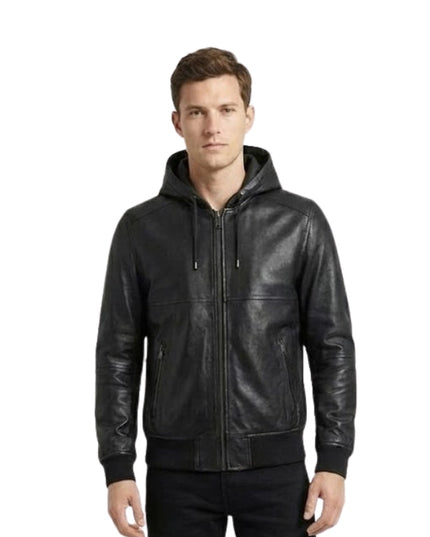 Man wearing a black leather hoodie on a white background