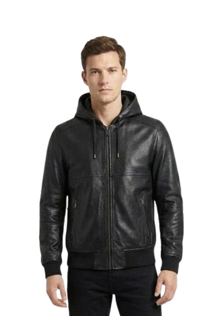 Man wearing a black leather hoodie on a white background