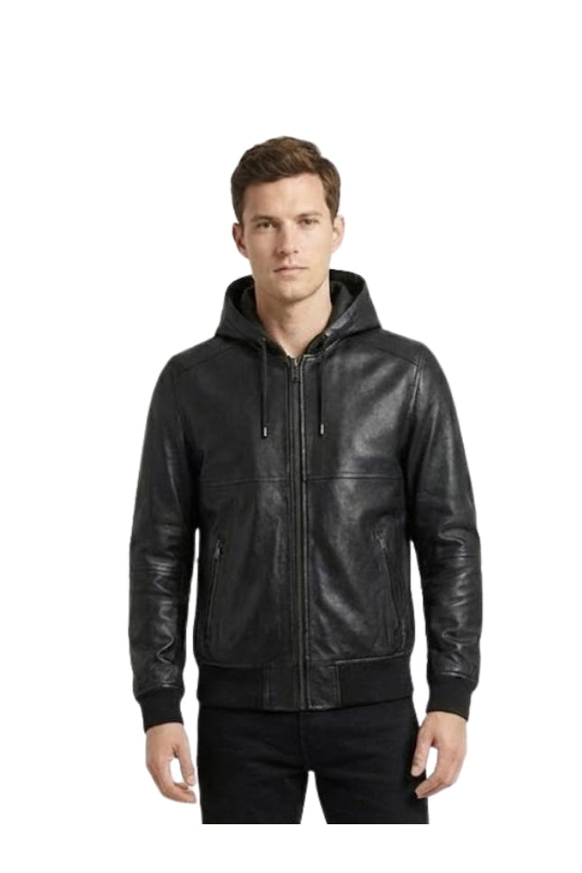 Man wearing a black leather hoodie on a white background