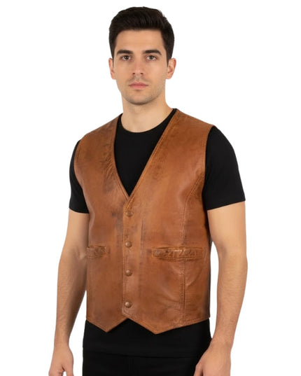 Man wearing a brown leather vest over a black shirt on a white background
