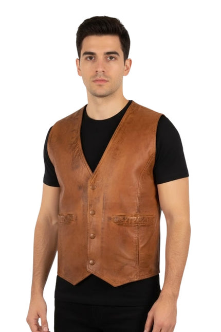 Man wearing a brown leather vest over a black shirt on a white background