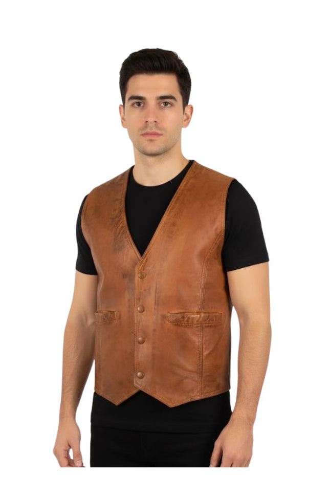 Man wearing a brown leather vest over a black shirt on a white background