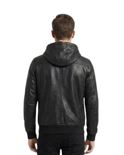 Man wearing a black leather jacket with a hood on a white background