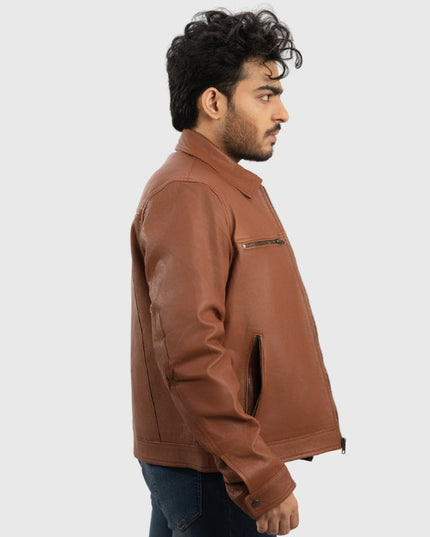 Man wearing a brown leather jacket on a white background