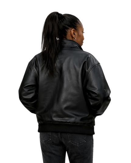 Person wearing a black leather jacket on a white background