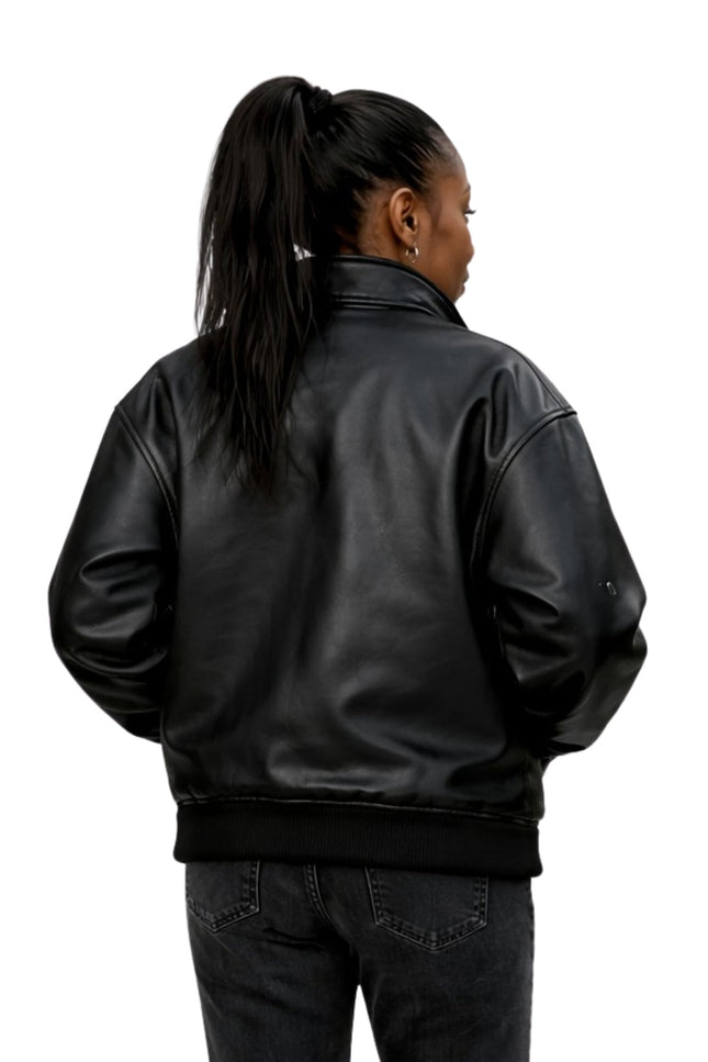 Person wearing a black leather jacket on a white background
