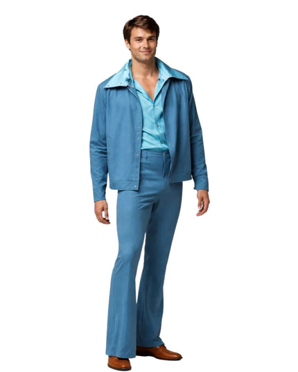 Man wearing a blue outfit on a white background