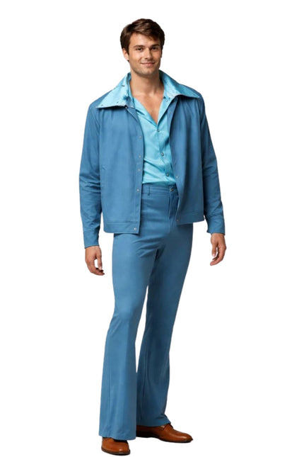 Man wearing a blue outfit on a white background