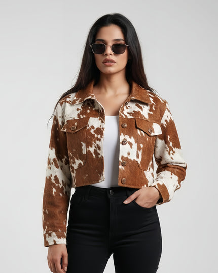 Woman wearing a brown and white cow print jacket on a plain background